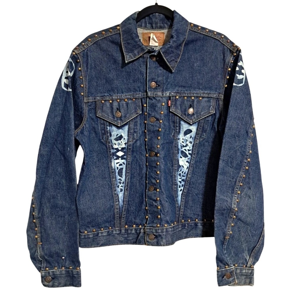 Levi's Trucker Jacket Mens 44‎ Blue Denim Studded Custom Batik Art 71205-0217